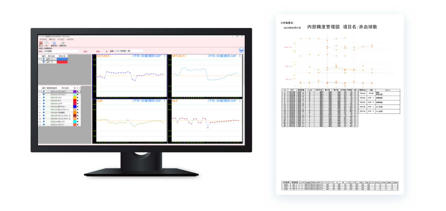 検体検査システムでの精度管理画面イメージと出力された精度管理台帳のイメージ画像